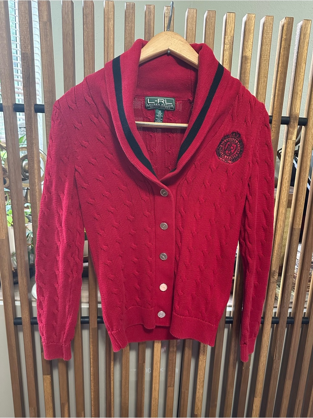 Ralph Lauren Active Cardigan Cable Knit Collegiate Red Shawl Collar Crest XS